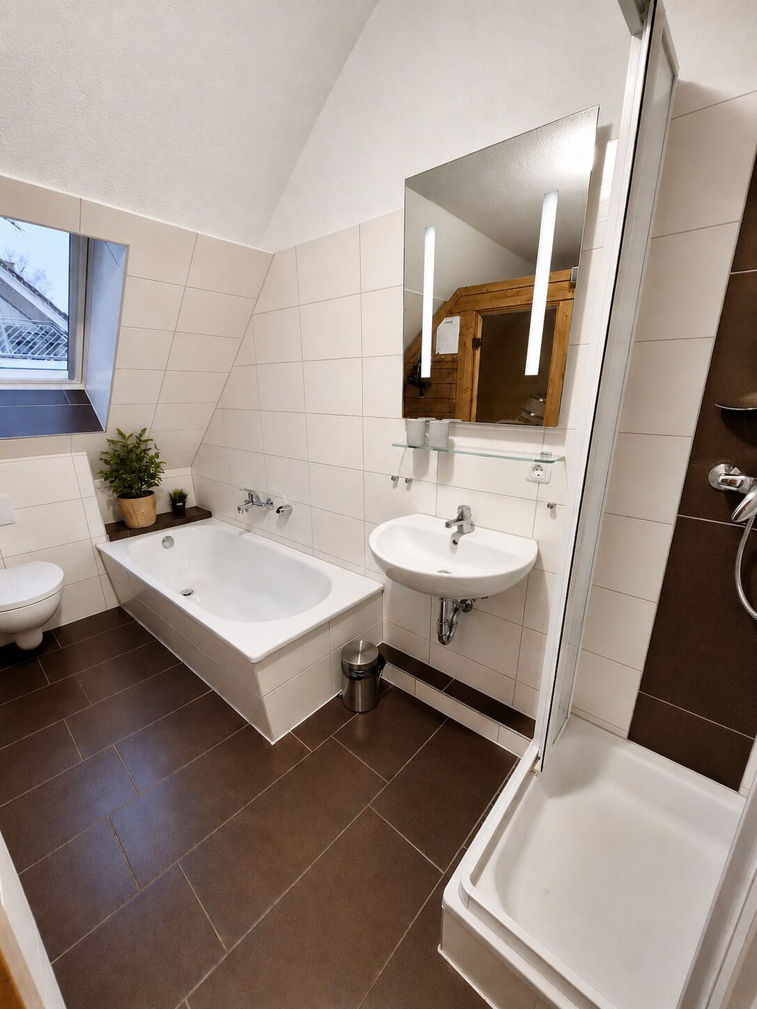 Shower, hair dryer, soap, toilet paper
