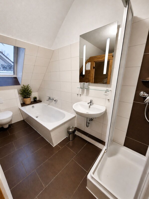 Shower, hair dryer, soap, toilet paper