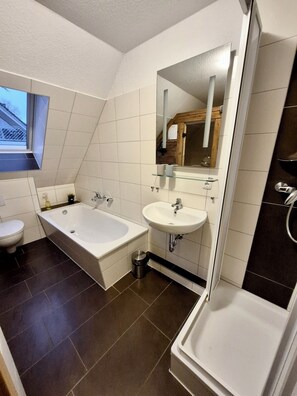 Shower, hair dryer, soap, toilet paper