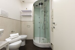 Chuveiro, bidê, toalhas de banho, papel higiênico