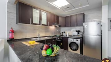 Luxe appartement, balkon, uitzicht op de stad | Privékeuken | Een koelkast met diepvriezer, een microgolfoven, een oven, een kookplaat