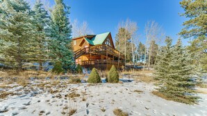 A log cabin with a green roof, surrounded by snow-covered ground and evergreen trees. - 3 Mi to Angel Fire Resort! Quaint Apt on 2 Acres (Angel Fire)