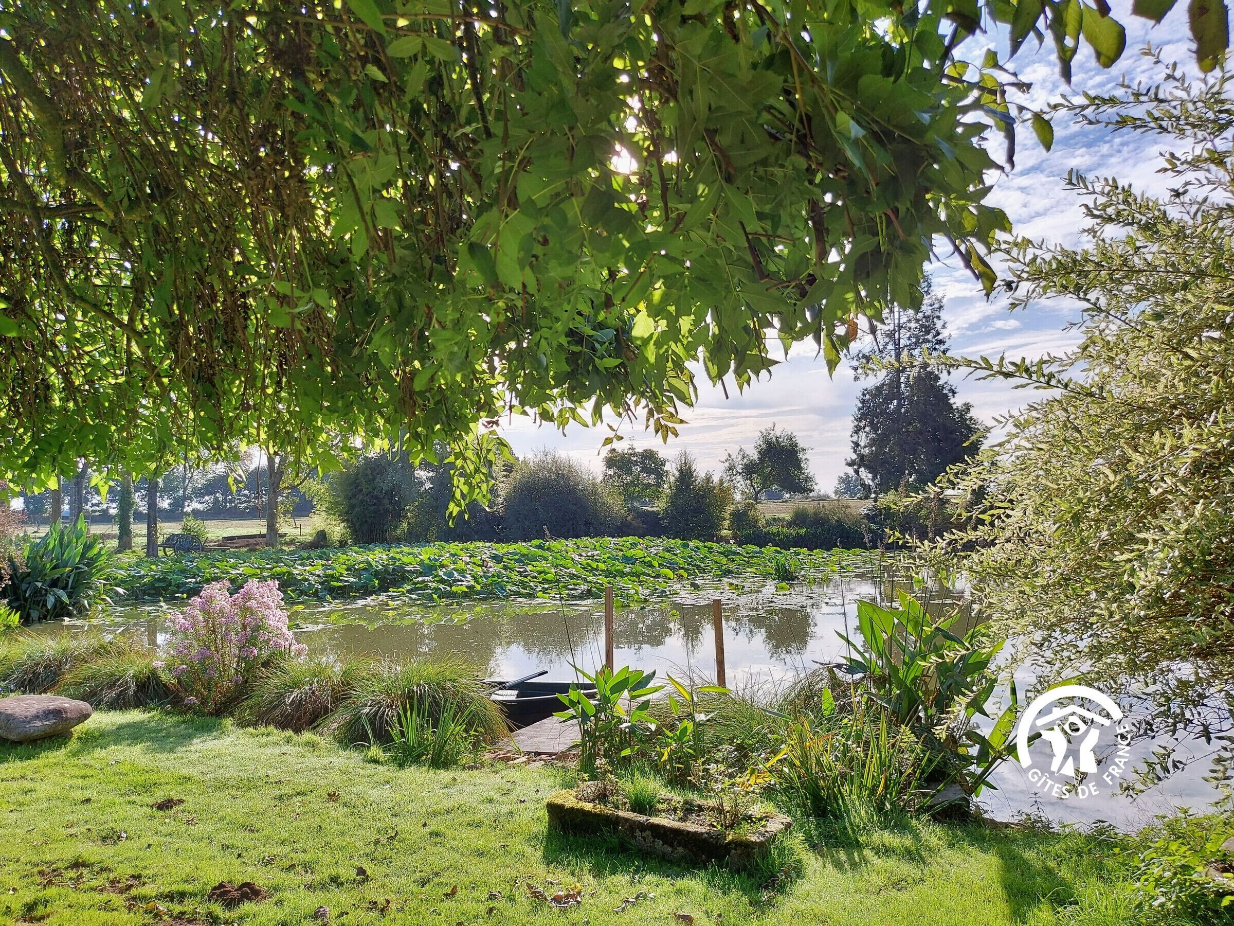 A serene garden with a pond, lush greenery, and a stone bench.