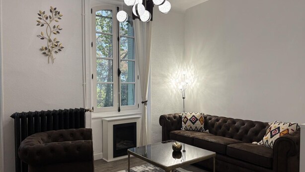 A living room with a fireplace, a brown sofa, a coffee table, and a decorative metal wall piece. - Tranquil cottage with SPA, garden and pond, pets allowed for 6 guests (Bézenet)