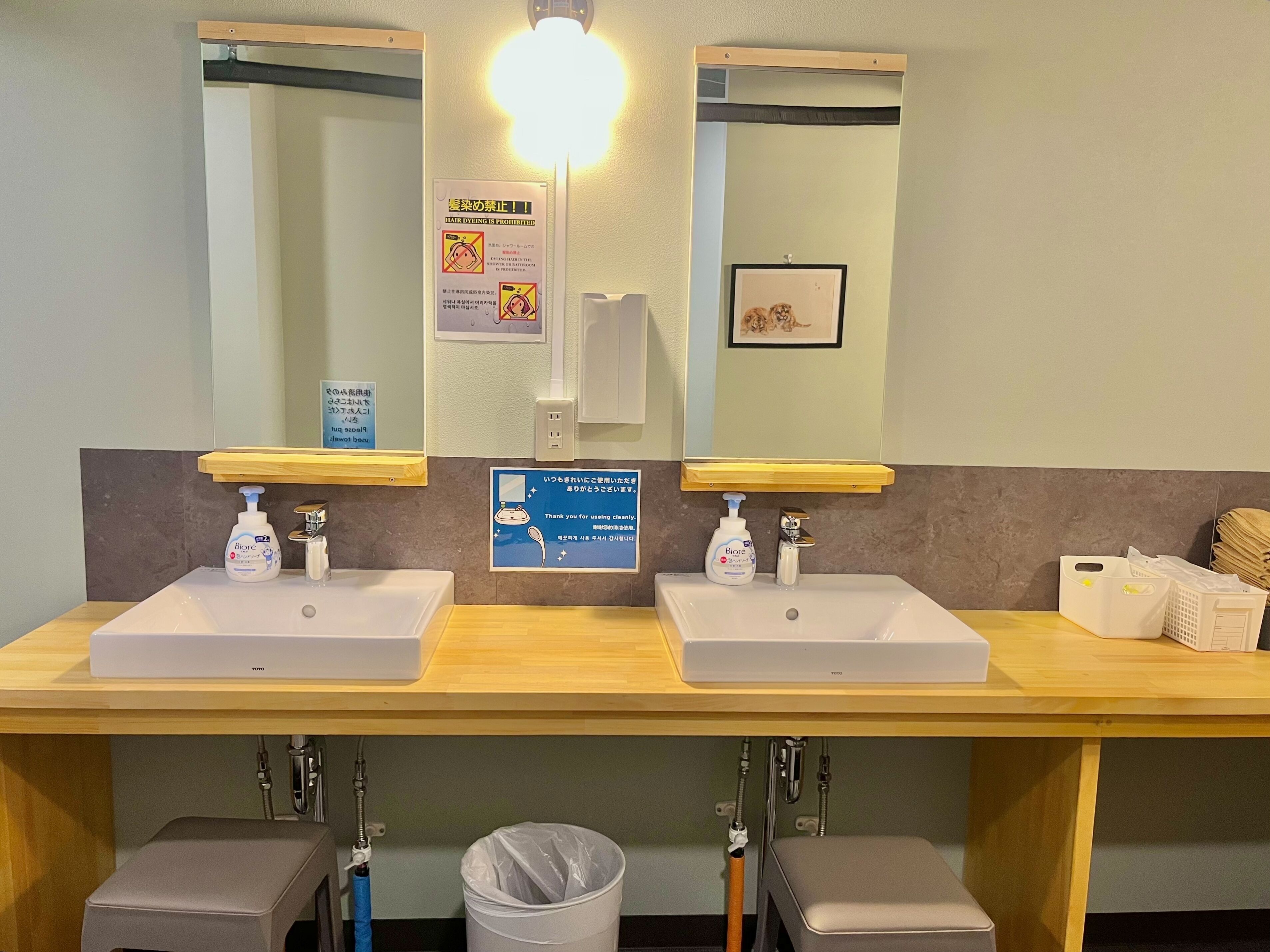 A bathroom with two sinks, mirrors, a light fixture, a hand soap dispenser, and a trash bin.