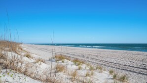 Ein Strand mit Dünen und dem Meer im Hintergrund.