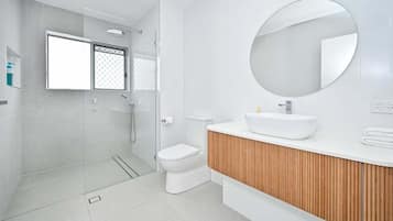 Hair dryer, towels, soap, shampoo