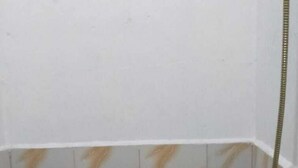 Un baño pequeño con inodoro, un bote de basura y ducha.