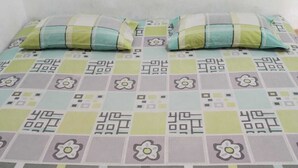 Una cama con una colcha estampada y dos almohadas.