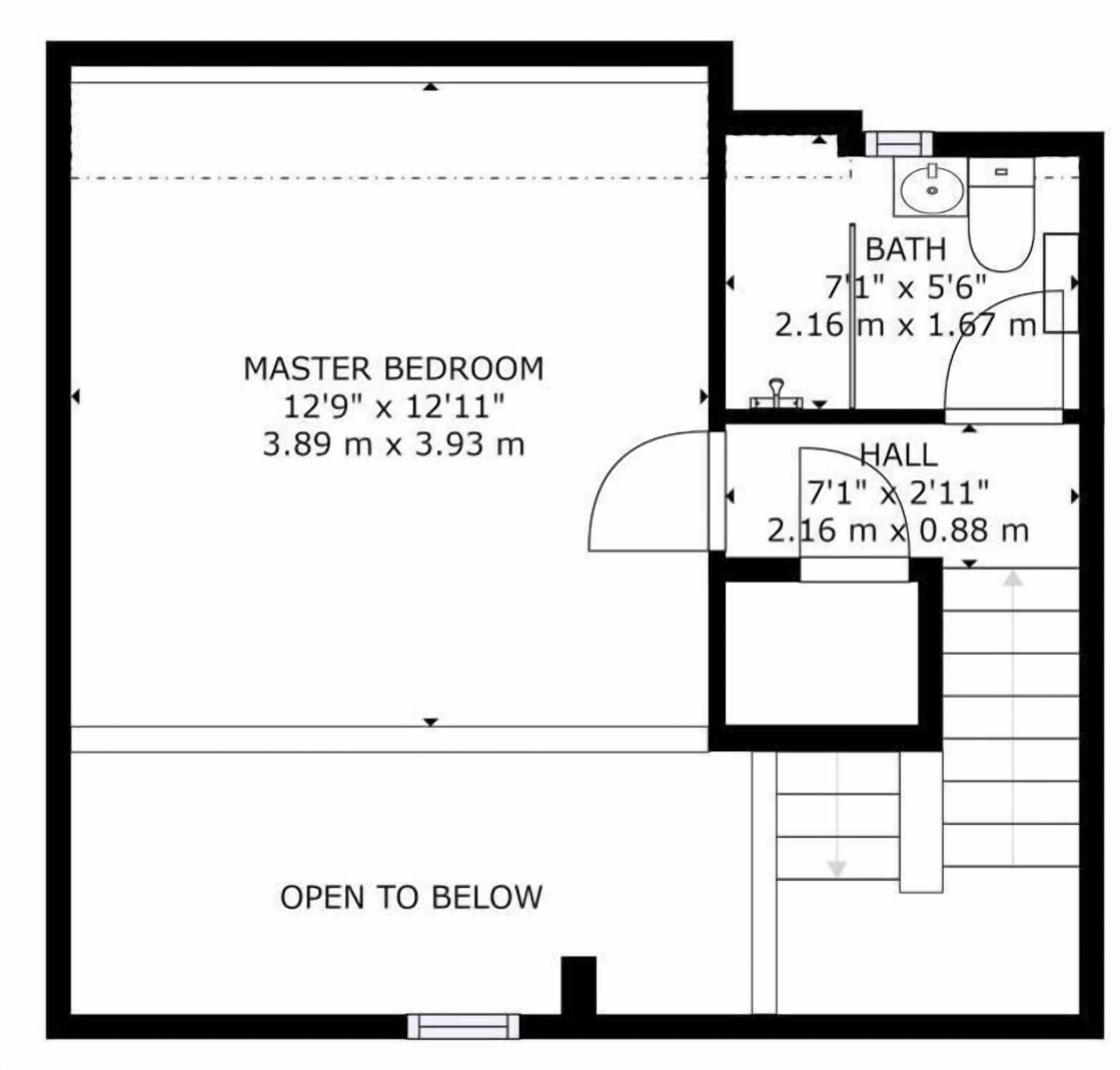 Een plattegrond met een hoofdslaapkamer van 3,9 meter bij 3,9 meter, een badkamer en een gang.