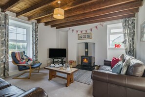 Een gezellige woonkamer met een open haard, een televisie en comfortabele zitplaatsen.