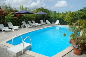 Ein Swimmingpool mit weißen Liegestühlen und Sonnenschirmen, umgeben von üppiger Vegetation.