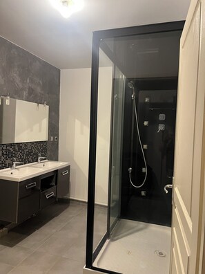 Hair dryer, towels, toilet paper