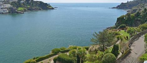 Un paisaje costero con un sendero pavimentado, abundante vegetación y vista al mar.
