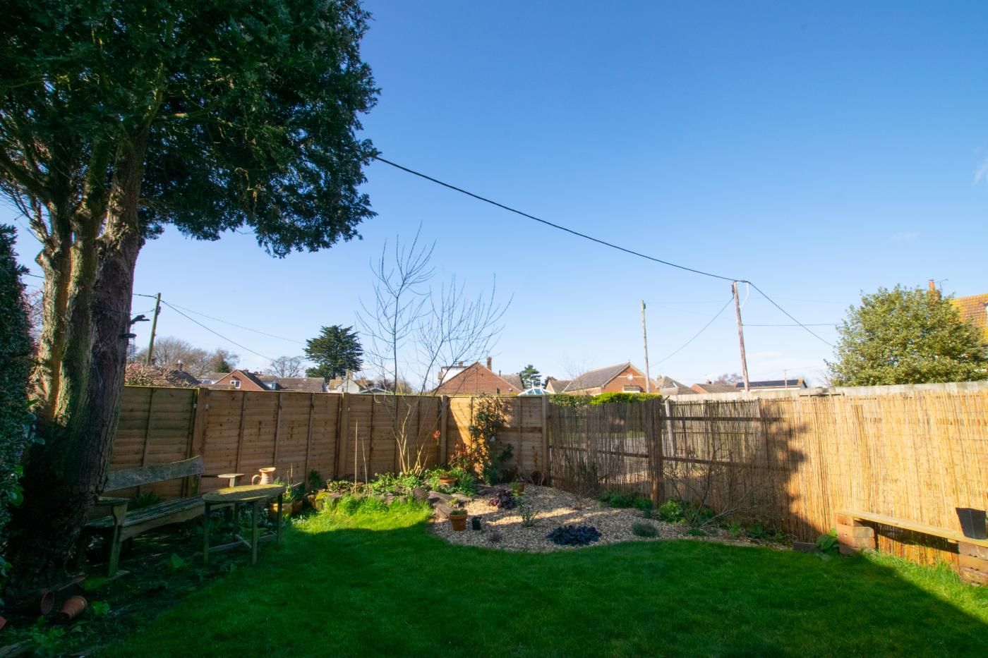A backyard with a wooden fence, a tree, and a grassy area.