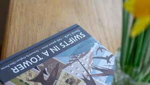 A book titled 'Suits in a Tower' on a wooden surface.