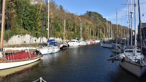 A marina with multiple sailboats docked along a riverbank.