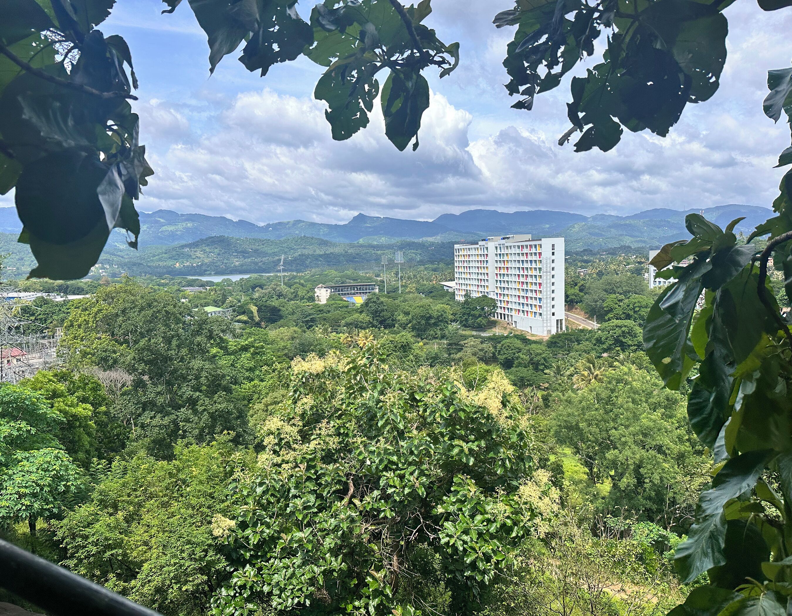 Un hôtel entouré d’une végétation luxuriante, avec des montagnes en toile de fond.