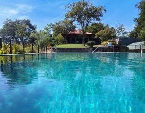A clear swimming pool with a view of a building and trees in the background. - The Kings Villa (kandy)