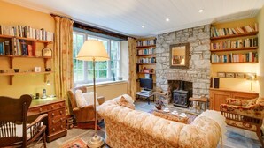 A cozy living room with a fireplace, bookshelves, a comfortable sofa, and a television. - 5 Bed in Llanmadoc (oc-hh2111) (Llanmadoc)