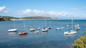 Un port de plaisance où sont amarrés divers voiliers et bateaux à moteur.