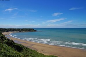 Une plage côtière avec un ciel dégagé et une eau calme.
