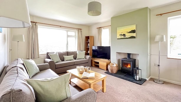 Ein Wohnzimmer mit einer Couch, einem Couchtisch, einem Kamin, einem Fernseher und einem Bücherregal.