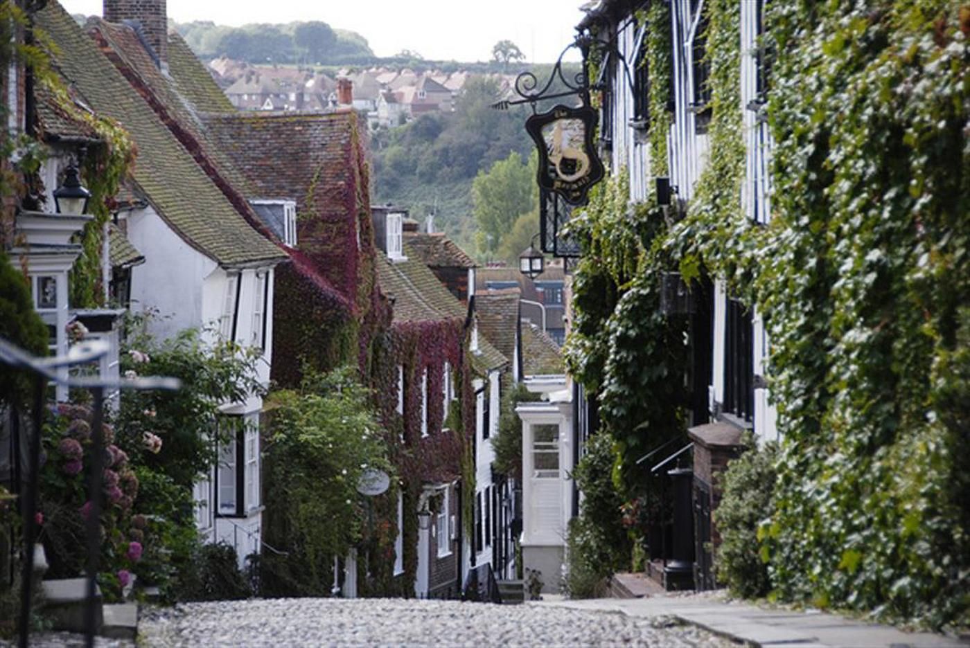 Une rue étroite bordée de bâtiments traditionnels, dont certains sont recouverts de lierre, et une enseigne suspendue au-dessus de l’un de ces bâtiments.