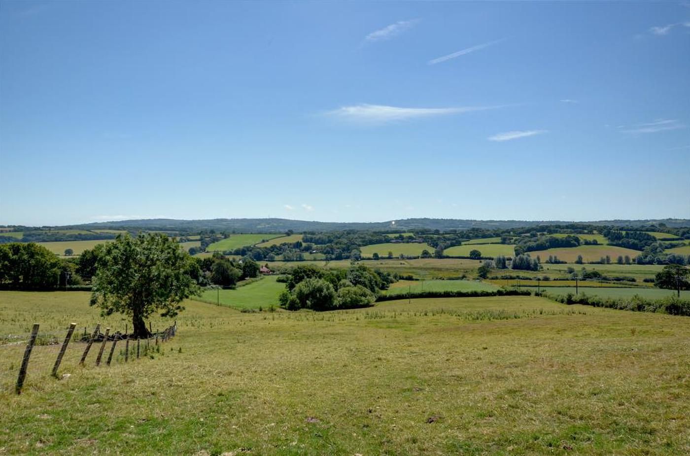 A rural landscape with rolling hills, a clear sky, and a fenced area with a tree.