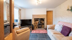 Una sala de estar con chimenea, televisor y sofá.