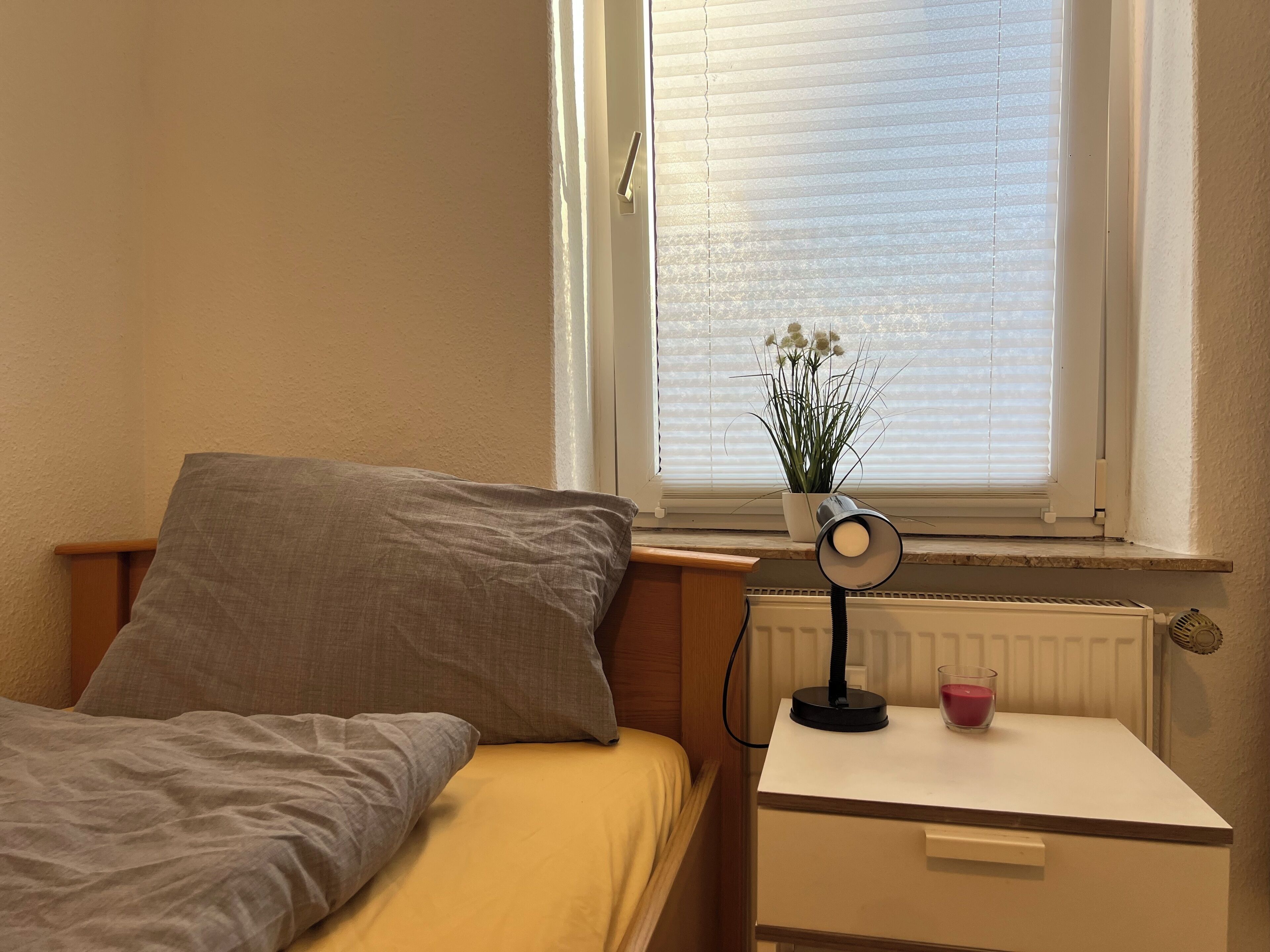 A bedroom with a bed, a bedside table with a lamp, a potted plant, and a radiator.