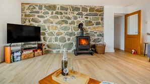 Una sala de estar acogedora con pared de piedra, chimenea, televisor y una bandeja con vasos y una botella.