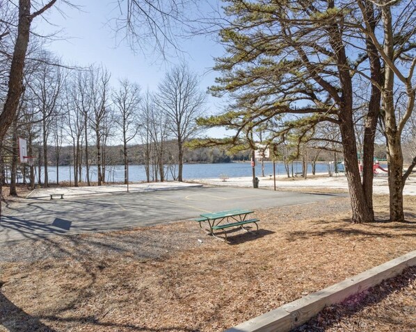 A park with a picnic table, benches, and a basketball hoop.