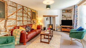 Ein gemütliches Wohnzimmer mit Steinwand, Kamin, Fernseher und Bücherregal.