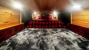 A cozy room with a wooden ceiling, a checkered bedspread, and a fluffy rug. - La Petite Maison, Tiny house Melbourne, AR in peaceful community of Mount Olive. (Melbourne)