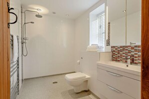 A modern bathroom with a shower, toilet, and vanity.