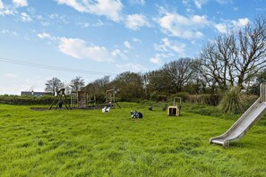 Une aire de jeux avec de l’herbe, un toboggan et des structures d’escalade.