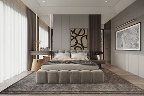Minibar, decoración personalizada, muebles diferentes y escritorio 