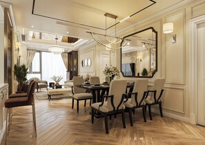 Minibar, decoración personalizada, muebles diferentes y escritorio 