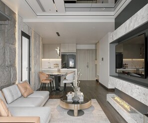 Minibar, decoración personalizada, muebles diferentes y escritorio 