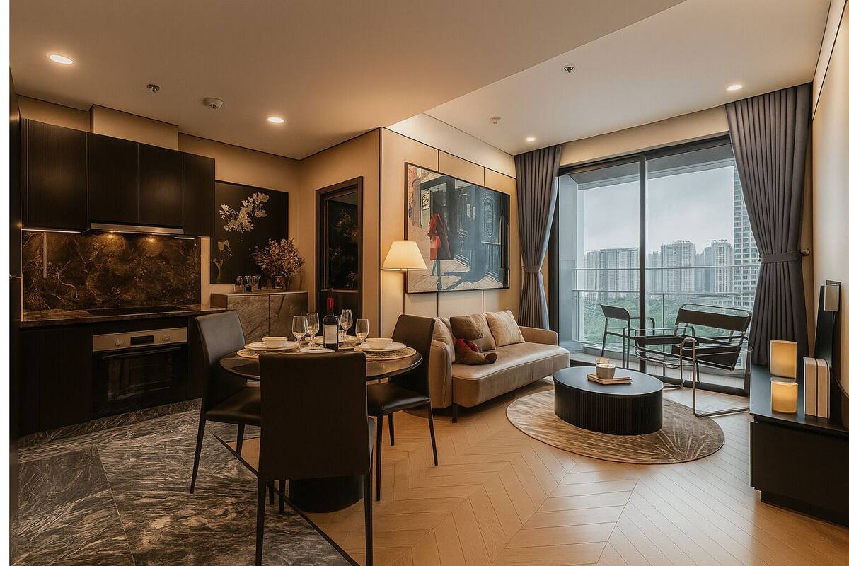 A modern living room with a dining area, a sofa, a coffee table, and a large window with a city view.