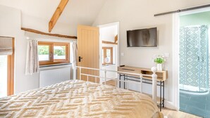 Une chambre à coucher avec un lit, une télévision, une fenêtre avec des rideaux, un radiateur et une porte.