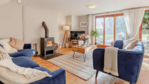 A spacious living room with a wood-burning stove, a television, and a large window offering a view of the outdoors. - 3 Bed in Polbathic (oc-h28169) (Deviock)