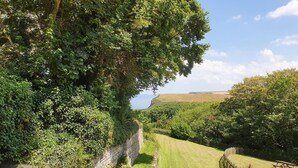 Ein grasbewachsener Pfad, gesäumt von Steinmauern und dichtem Grün, der zu einem Blick auf eine Klippe und das Meer führt.
