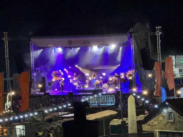 Un escenario con una banda tocando, rodeado de gente.