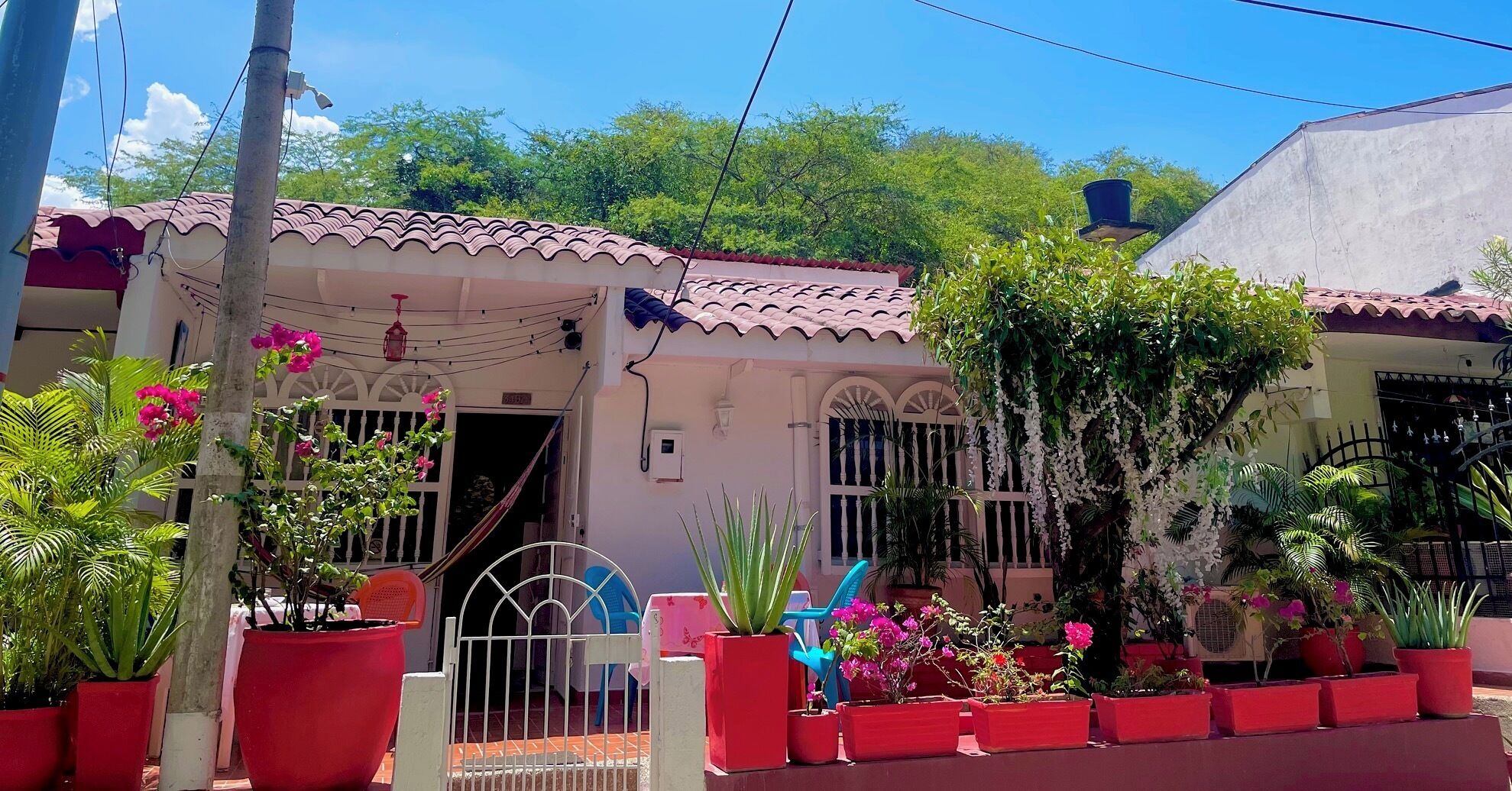 A house with a tiled roof, a gated entrance, and potted plants.