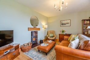 Una sala de estar acogedora con chimenea, sofá de cuero y televisor.