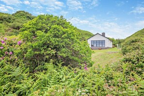 A modern house with a large window, surrounded by lush greenery and hills. - 2 Bed in Aberdaron (oc-y29261) (Aberdaron)