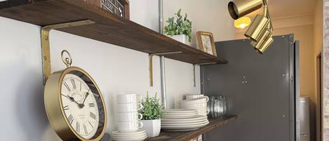 Fridge, microwave, coffee/tea maker, electric kettle