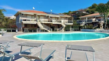 Seasonal outdoor pool, pool umbrellas, pool loungers